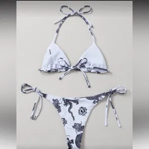 SHEIN White & Black Dragon Print Tie-Side Bikini Set thumbnail 2
