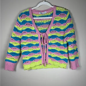 Zara Chunky Crochet Striped Front Tie Cardigan Retro Boxy Vibrant Y2K Sz M thumbnail 10
