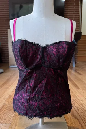 Moda International Magenta Pink Black Lace‎ Corset Top Underwire Silk Blend M thumbnail 1