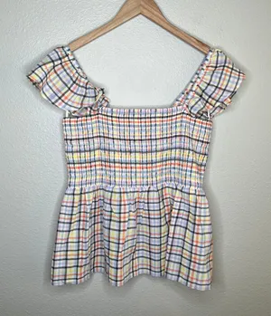 multicolor plaid smocked off shoulder baby doll top size large thumbnail 2