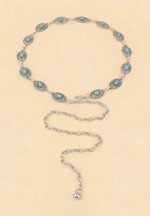 Turquoise Antiqued Style Silver Metal Belt With Carnelian Stone Inlay & Engraved thumbnail 1