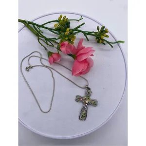 colorful rhinestone cross pendant necklace brushed antique silver thumbnail 2