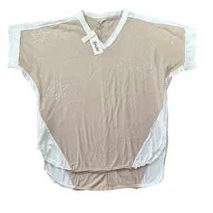 Blue Velvet Tan Star Embroidered V-Neck‎ Cotton Top Two-Tone Boho NEW Oversized thumbnail 1