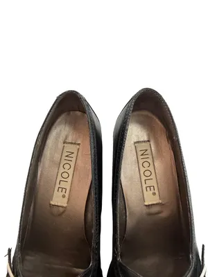 Nicole Shatter Black Leather Wingtip Buckle Loafer Heels Heel Toe Size 7 Women's thumbnail 5