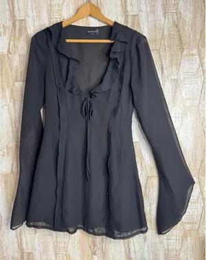 White Fox Black Sheer Ruffle Tie Front Bell‎ Sleeve Mini Dress S thumbnail 1