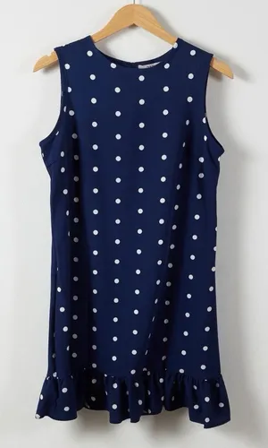 Navy Blue and White Polka Dot Round Neck Sleevekess Mini Dress with Ruffle Hem thumbnail 1