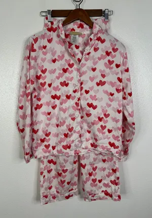 Pottery Barn Teen Pajama Set Small Pink Red Heart Print Cotton 2 Piece PJ Set thumbnail 1