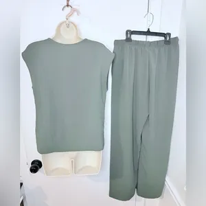 Ekouaer 2pc Lounge Set Womens M Olive Green Top & Wide Leg Pants NWT thumbnail 7