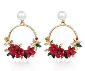 Women's Pearl Crystal Flower Dangle Drop Hoop Earrings thumbnail 3