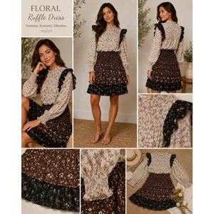 Free The Roses Floral Ruffle Mini Dress Smocked High Neck Tiered Brown Cream S‎ thumbnail 2