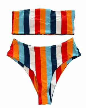 Women's Striped Two Piece Bandaeu Top Bikini Size Medium #260171 thumbnail 1