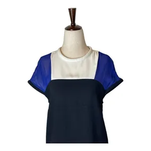 Maje Blue White And Black Colorblock Silk Detail‎ Crew Neck Mini Shift Dress S thumbnail 3