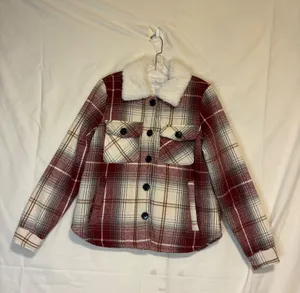 Special One Plaid Womans Sherpa Collar Fleece Lined Shacket Red Cream Sz M thumbnail 1