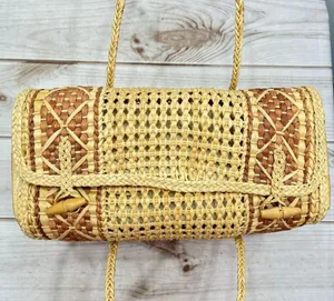 Medium Straw Bag with Wood Button Closure and Two Straps thumbnail 4