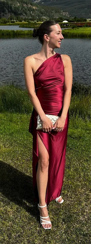 One Shoulder Satin Formal Dress Red thumbnail 1