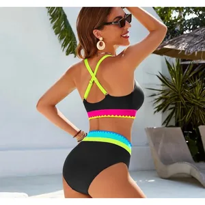 NWT Blooming Jelly High Waisted Bikini Set Tummy Control Neon Color Block Large thumbnail 3