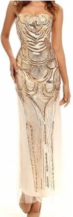 Angel Fashions Strapless Gold Sequin Beaded Long Gown Dress Women Size L thumbnail 1