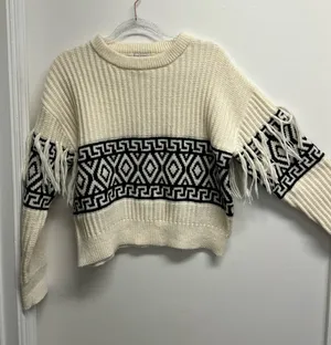 Cream and Black Geometric Pattern Fringed Sweater Size M thumbnail 1