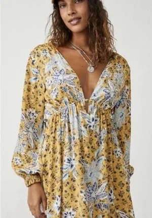 Free People Mustard Floral V-Neck Tunic thumbnail 1