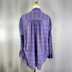 Free People Purple Plaid Metallic Button Down Shirt Womens Small Oversized Top thumbnail 5