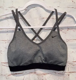 Nike Gray straps Strappy Sports Bra Dri fit medium black padded gym thumbnail 1