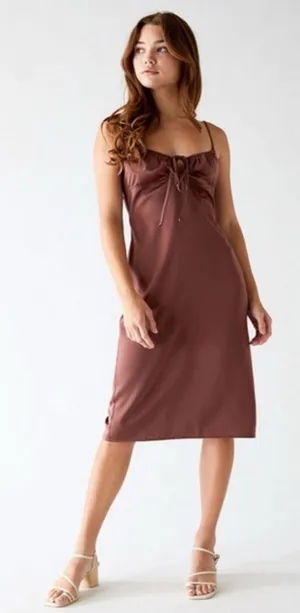 NWT Kendall +‎ Kylie Slip Drsss FLAWS Brown Size XS Midi Tie Milkmaid Satin thumbnail 1