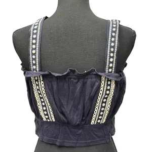 Free People Hill Top Crop Tank Size Large Blue Embroidered Boho Festival thumbnail 5