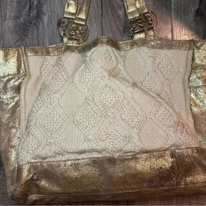 TORY BURCH Tote Bag Cable Knit METALLIC GOLD TRIM Wool Silk Lining Horse READ! thumbnail 8