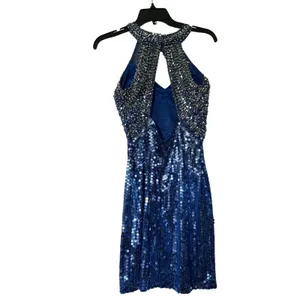 Niteline Vintage Blue Sequin Halter‎ Mini Dress Silk Beaded Cocktail Womens 10 thumbnail 2