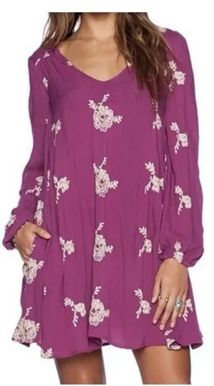 Free People Austin Plum Floral Embroidered Long Sleeve Mini Dress thumbnail 1