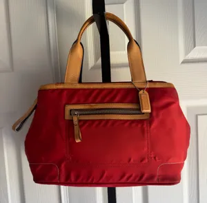 Coach Hampton Red Nylon Tote with Tan Leather Strap Handbag Women's thumbnail 1