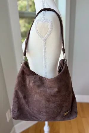 Bella Russo Taupe Brown Faux Suede Hobo Shoulder Bag Silver Accents thumbnail 1