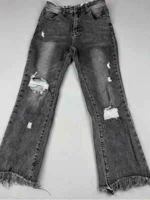 Risen High Rise Crop Flare Jeans 27 Gray Distressed Raw Hem Stretch Y2K thumbnail 1