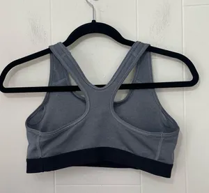 Nike Dri Fit Sports Bra Removable Pads Grey Black Swoosh Racerback ~ Size M thumbnail 2