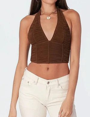 Edikted Brown y2k Sleeveless V-Neck Halter Tie Cinched Corset Crop Tank Top Sz S thumbnail 1