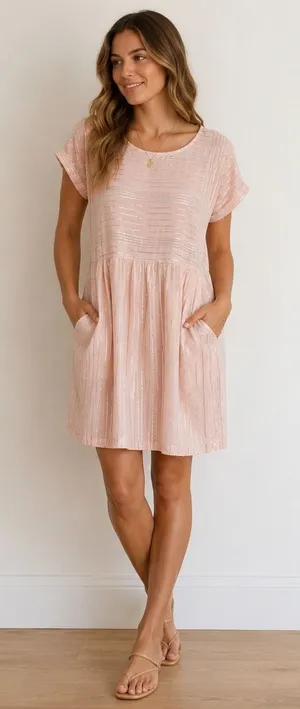Peyton's Parker Blush Metallic Stripe Pocket Mini Dress‎ Boho Size Large thumbnail 1