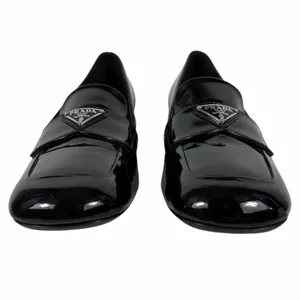 Prada Patent Square Front Enamel Logo Loafer Pump Black Size 37.5 thumbnail 5