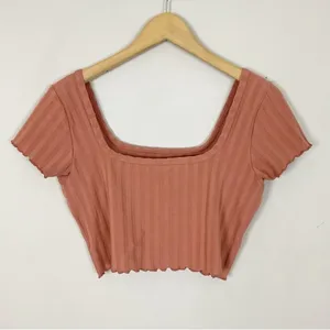 OFFLINE by Aerie Ribbed Cropped Top Mauve Pink Square Neck Tee Size Medium thumbnail 2