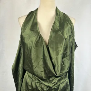 New PRETTYLITTLETHING Khaki Satin Cowl Cold Shoulder Bodycon MiniDress‎ Green 4 thumbnail 6