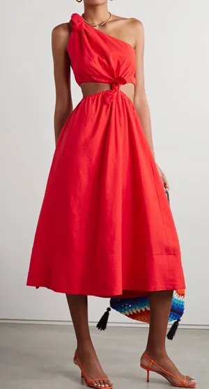FARM RIO One-Shoulder Cutout Linen-Blend Midi Dress Women’s Sz S thumbnail 1
