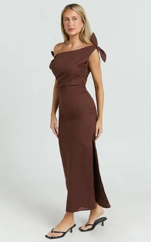New Showpo Cincinnati Off The Shoulder Side Split Column Linen Dress Size 10 thumbnail 4