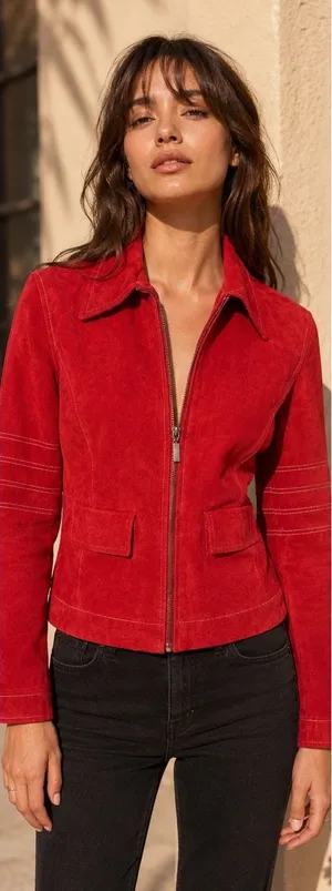 Olly London Moto Suede Zip Front Jacket Women Small Red thumbnail 1