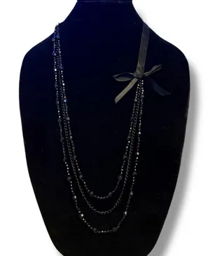 Triple strand layered black beaded bow necklace thumbnail 1