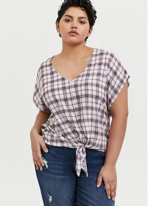 Torrid Womens Blouse 0 L 12 Berry Purple & Ivory Plaid Tie Front Midi Dolman NEW thumbnail 1