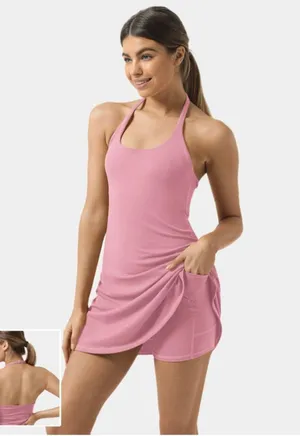 Halara Plush Halter Backless 2-in-1 Pocket Mini Slip Yoga Active Dress thumbnail 3