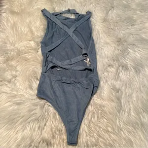 Forever‎ 21 Women's Size Small Bodysuit Mock Neck Faux Suede Light Blue Gray thumbnail 5