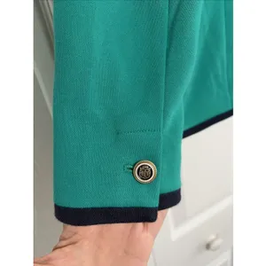 Talbots Aberdeen Knit Blazer Womens Size 10 Green Navy Trim Career Cotton Blend thumbnail 6