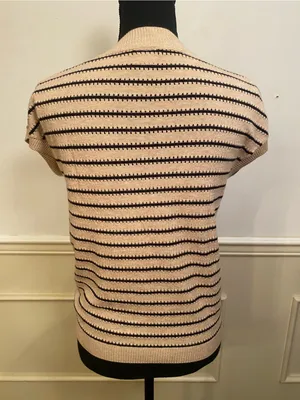 Striped V-Neck Short-Sleeve Knit Top Cream & Black Mesh by Wiholl thumbnail 2