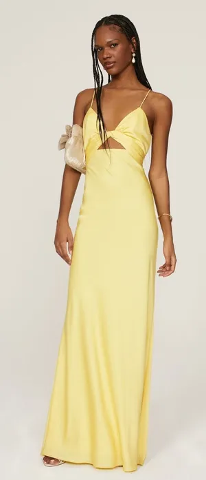 Mac Duggal Yellow Satin Twist Front Cut Out Slip Maxi Formal Gown Size 6 thumbnail 1