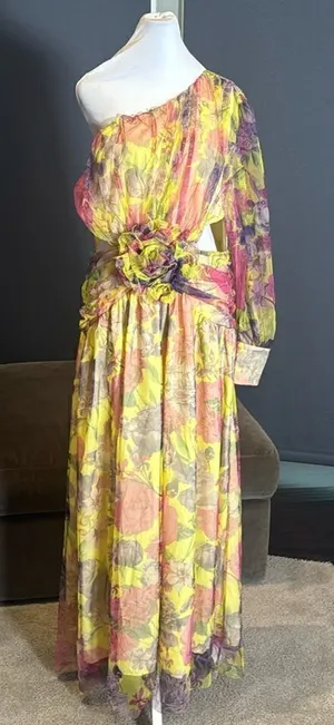 Women’s Floral One Shoulder Lightweight Summer Dress Leg Slit Cut Outs Size L thumbnail 1